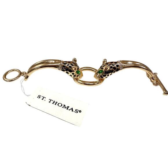 NEW Vintage St Thomas Gold Tone Green Eyes Double Leopard Head Toggle Bracelet - Picture 2 of 6